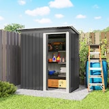 thumbnail of Outsunny cobertizo de jardín exterior 1,16 m² 163x89x182cm caseta metálica para herramientas con puerta corredera y techo inclinado para terraza patio
