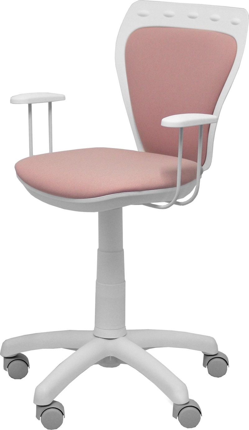 Uma cadeira de escritório rosa com base branca.