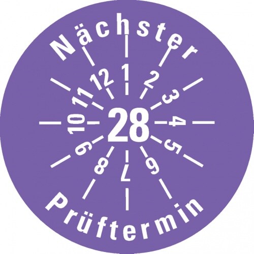 Dreifke® Prüfplakette Nächster Prüftermin 28, violett, Dokumentenfolie, Ø 30mm, 18 Stk.