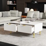 thumbnail of Couchtisch 100x50x40 cm Weiß MDF 2 Schubladen Metallbeine Moderner Wohnzimmer Tisch Aufbewahrung Ablagefunktion Gold Akzent
