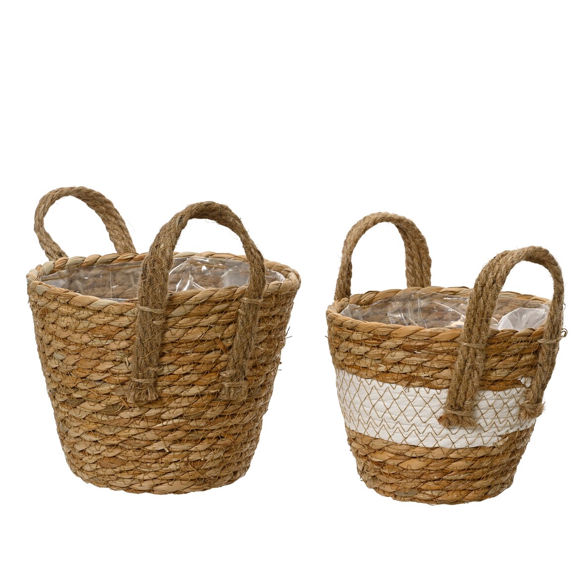 2 Blumentöpfe geflochten 14-17cm - Übertopf Blumen Pflanzen Korb mit Henkel Flechtkorb Aufbewahrung Blumenkorb Pflanzenkorb Indoor Deko Natur Weiß