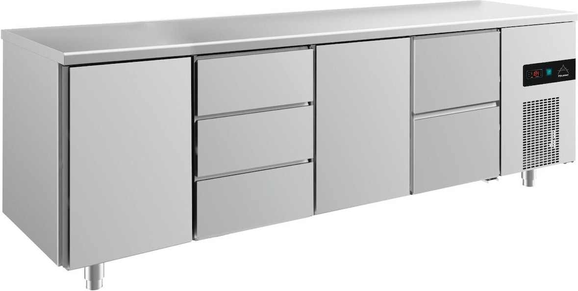 Gastro Kühltisch 2 Türen 5 Schubladen (Mitte & rechts) Umluftkühlung 2330x700x850mm -2/+8°C Edelstahl 632 L