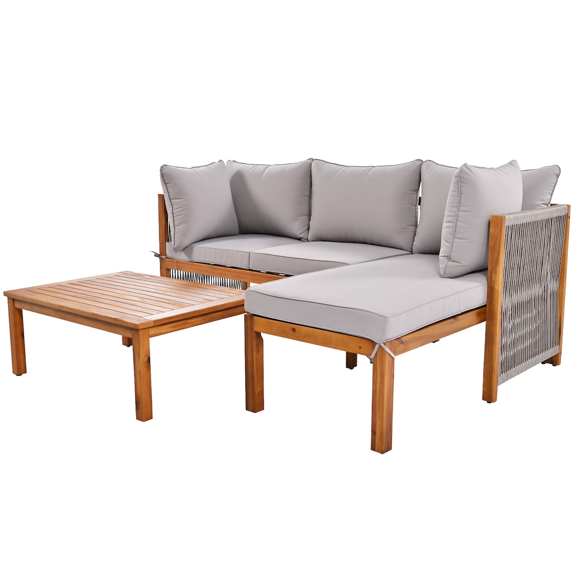 Garten-Loungeset aus Akazienholz grau, 3-teilig mit 2 Zweisitzer-Sofas und Tisch, handgeflochtene Seilarmlehnen, Kissen abziehbar