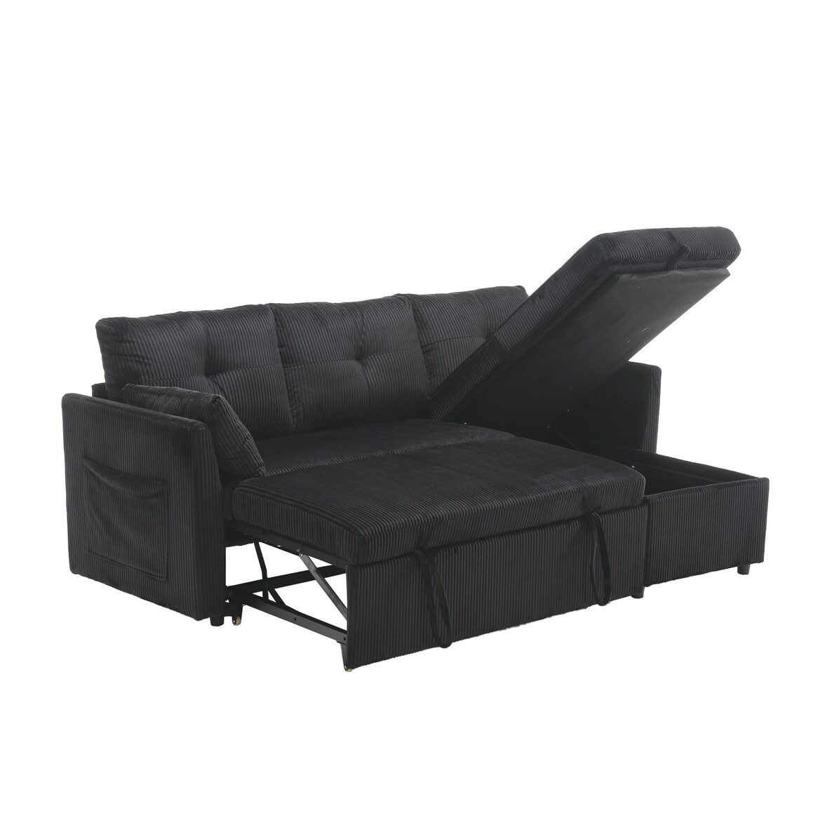 Merax 3-Sitzer Schlafsofa mit Stauraum – Modulares Ecksofa aus Cord, bequemes Sofabett, Schwarz