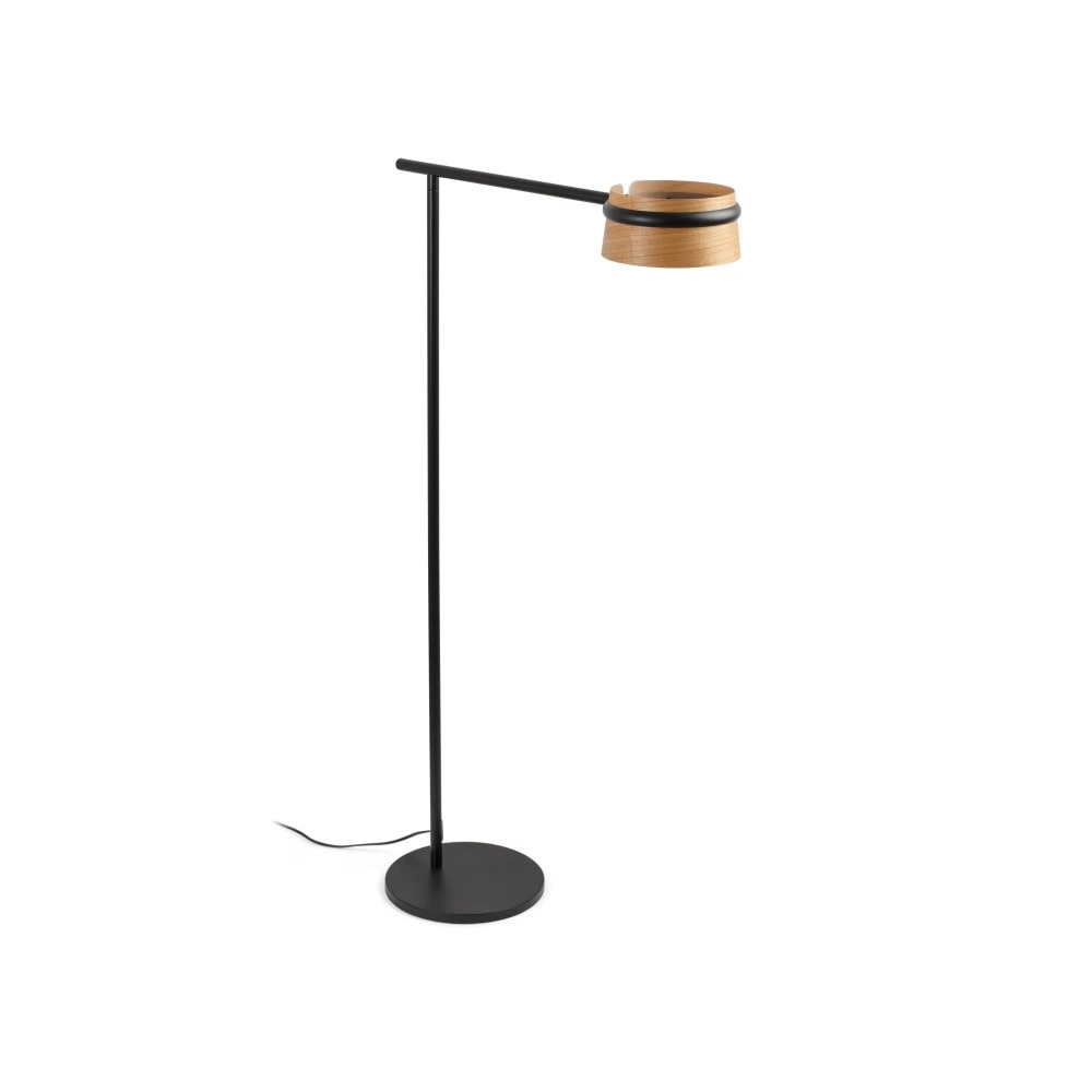 loop, schwarze metall-stehleuchte mit holzschirm, faro barcelona