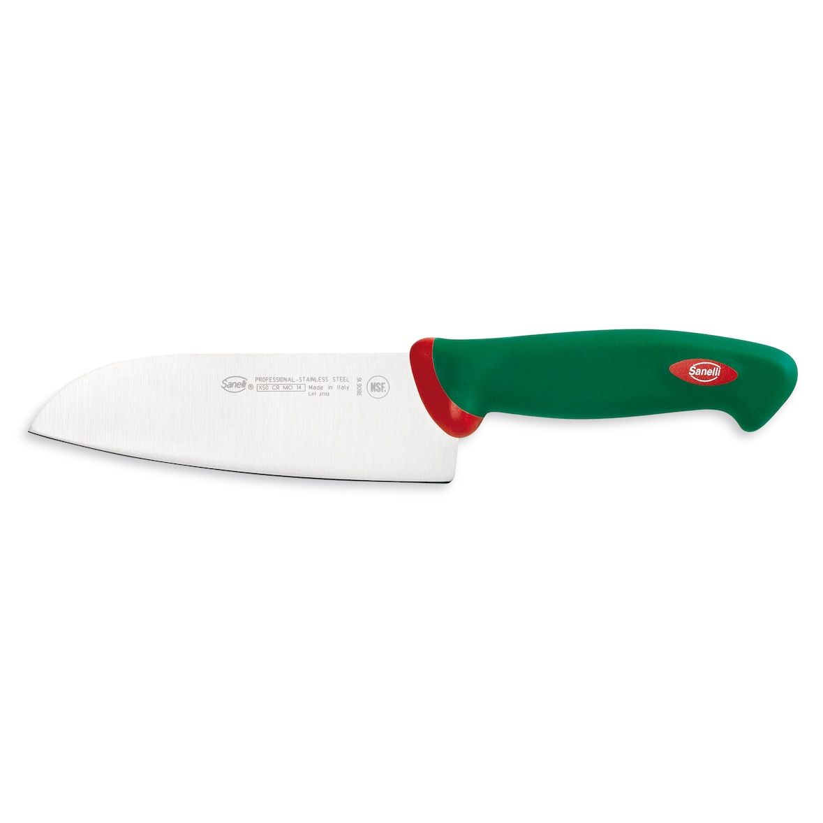 Sanelli Coltello Santoku Cm.16 Premana in Acciaio Inox Professionale, Manico con tecnologia antibatterica Verde e Rosso