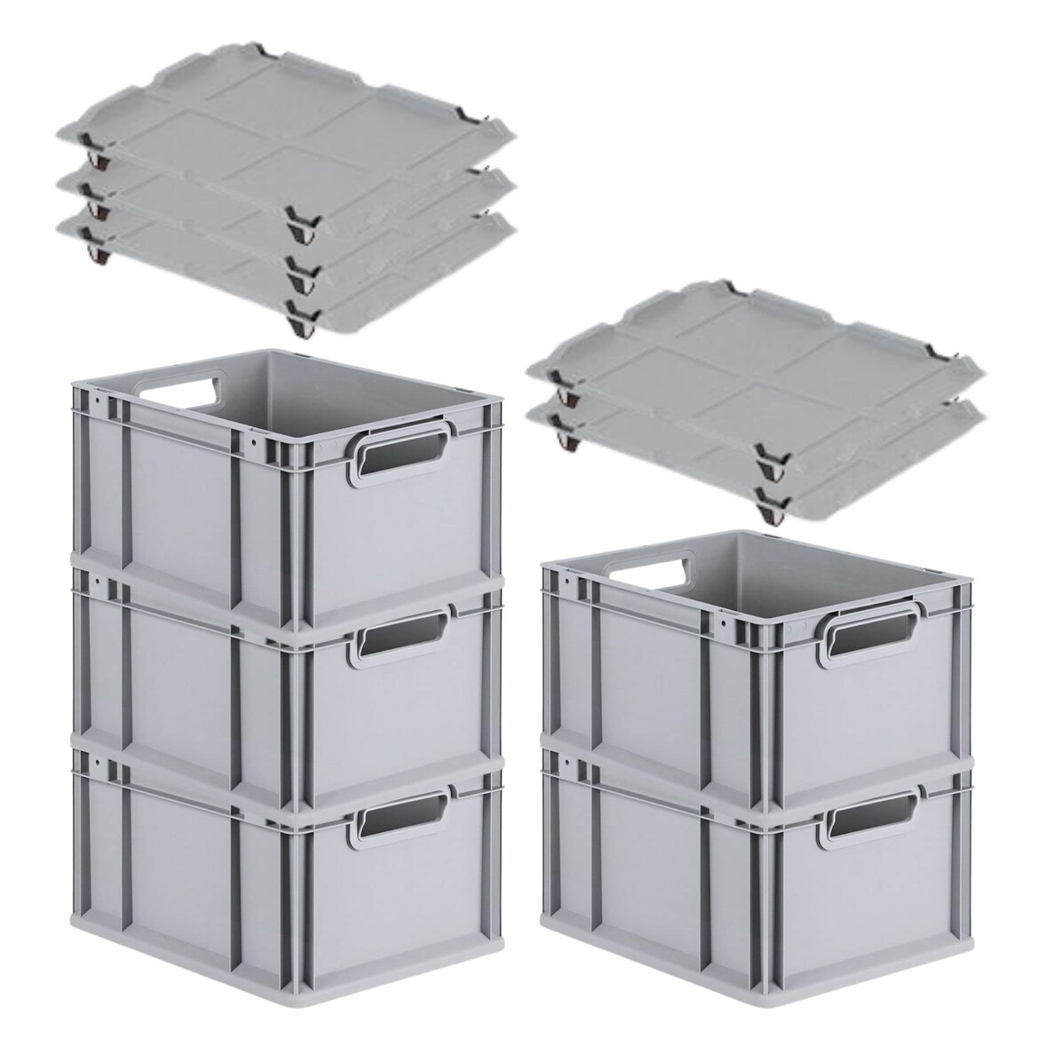 PROREGAL SparSet 5x Eurobox NextGen Grip mit Auflagedeckel & 4 schwarzen Verschlüssen, HxBxT 22x30x40cm, 20L, Grau, Griffe offen, Eurobehälter