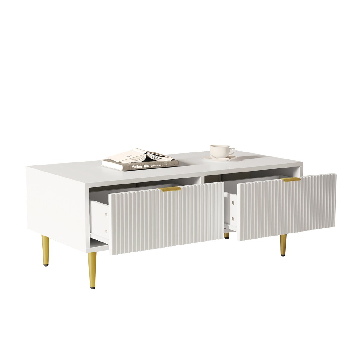 Couchtisch 100x50x40 cm Weiß MDF 2 Schubladen Metallbeine Moderner Wohnzimmer Tisch Aufbewahrung Ablagefunktion Gold Akzent