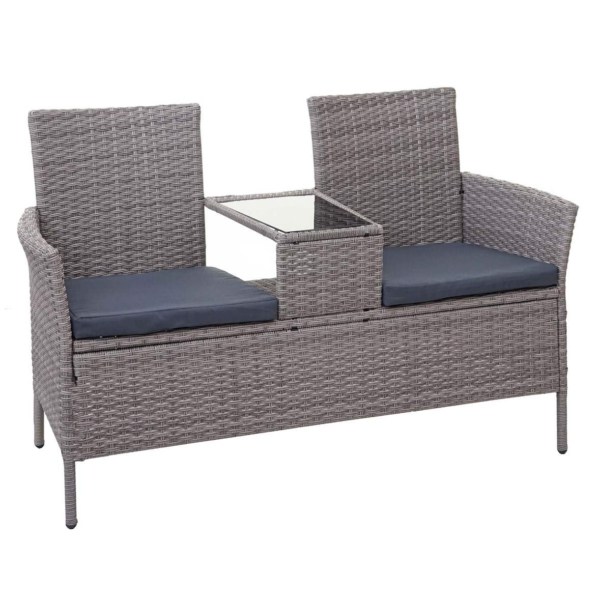 Poly-Rattan Sitzbank mit Tisch HWC-E24, Gartenbank Sitzgruppe Gartensofa, 132cm ~ grau, Kissen dunkelgrau