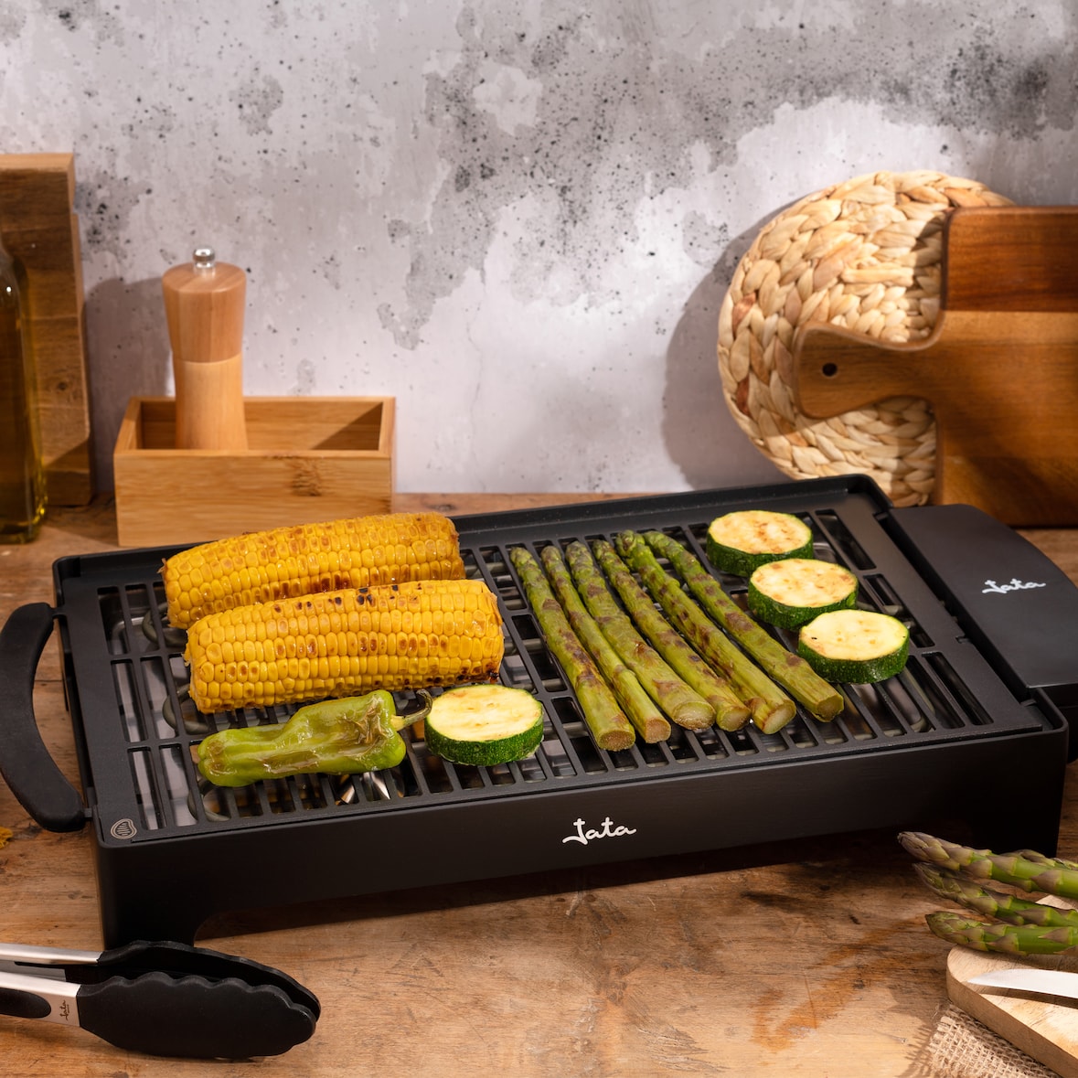 Electro barbacoa JATA EBQ2 para interior y exterior. Sin humos ni olores. Totalmente desmontable. Cocina sano con agua. Superficie: 40 x 26 cm