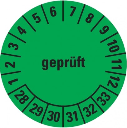 Dreifke® Prüfplakette geprüft 28-33, grün, ökologische Folie, selbstklebend, Ø 30mm, 18 Stk.