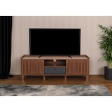 thumbnail of TV-Rack HWC-M48, Lowboard TV-Schrank, Schiebetür 56x150x40cm ~ Walnuss-Optik, Schublade dunkelgrau