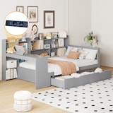thumbnail of Multifunktionales Schlafsofa-Bett mit Schreibtisch aus Massivholz 90x200cm grau–Platzsparend mit Steckdose, Regalen & Schubladen für Wohnung