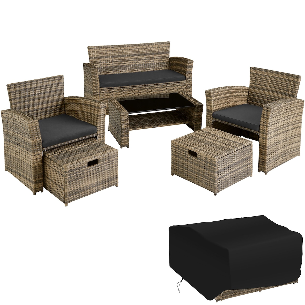 tectake Salon de jardin Modena 3+2+1 avec housse de protection - marron naturel - 403719