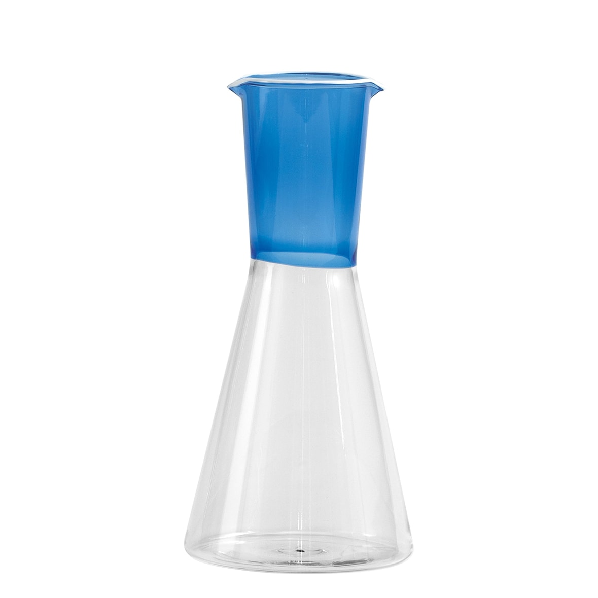 Zafferano tweekleurige karaf uit de Classy-collectie, handgeblazen borosilicaatglas, elegant geometrisch ontwerp, blauw en transparant.