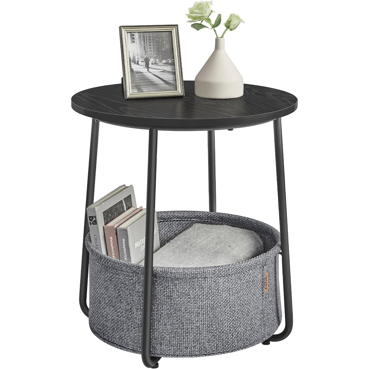 Beistelltisch rund aus Metall, Kleiner Tisch, Couchtisch mit Korb, Wohnzimmertisch, Korb aus Stoff, Nachttisch modern, ebenholzschwarz-schiefergrau