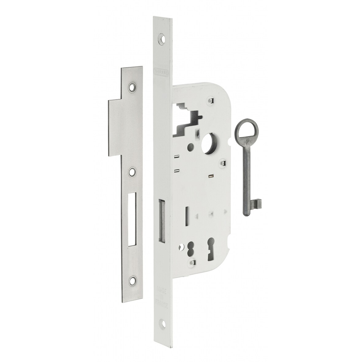 Serrure encastrable à clé pour porte intérieure, pêne dormant seul, axe 40mm, bouts carrés, blanc, 1 clé - THIRARD