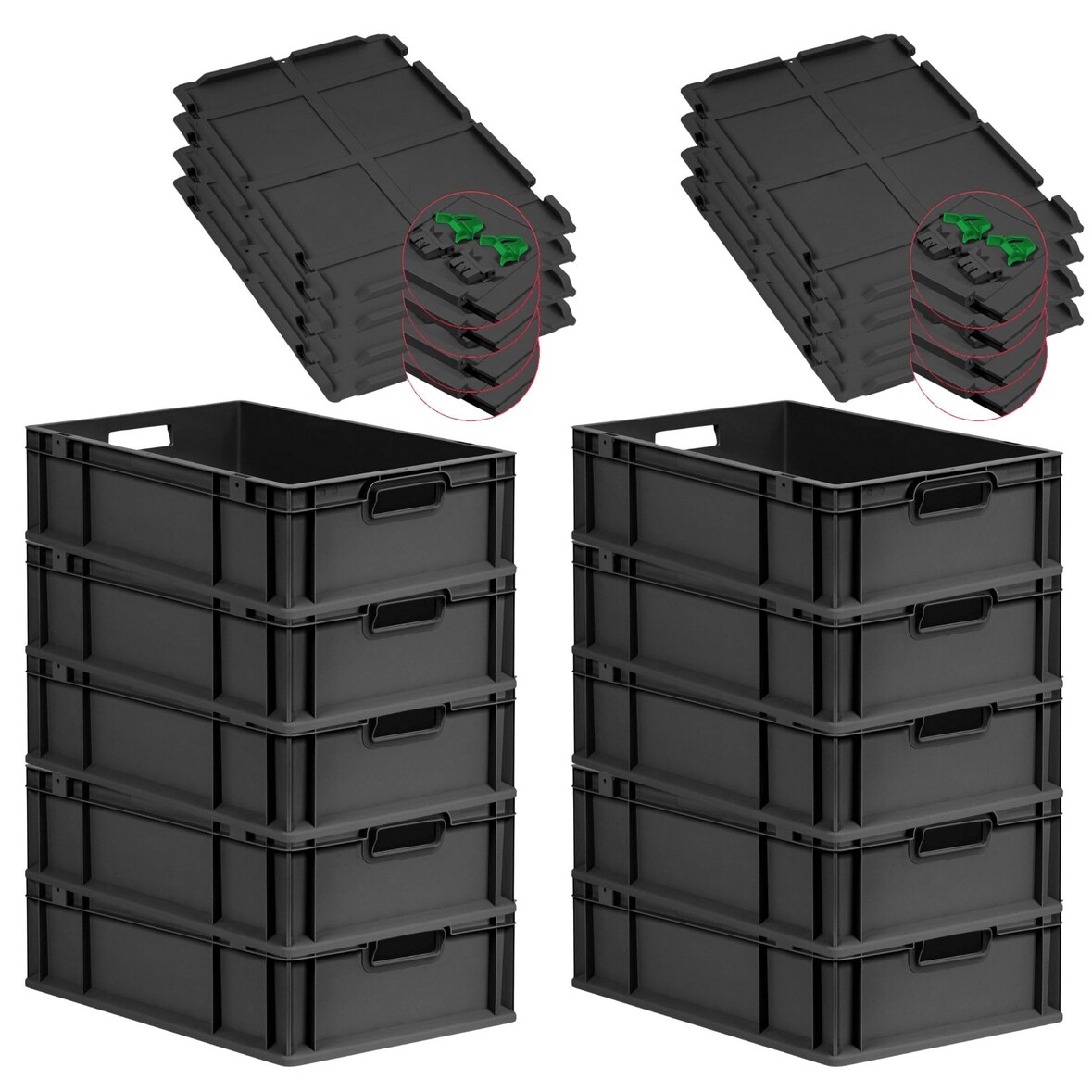 PROREGAL SuperSparSet 10x Eurobox NextGen Grip mit Scharnierdeckel & grünen Verschlüssen, HxBxT 17x40x60cm, 34L, Schwarz, Griffe offen, Eurobehälter