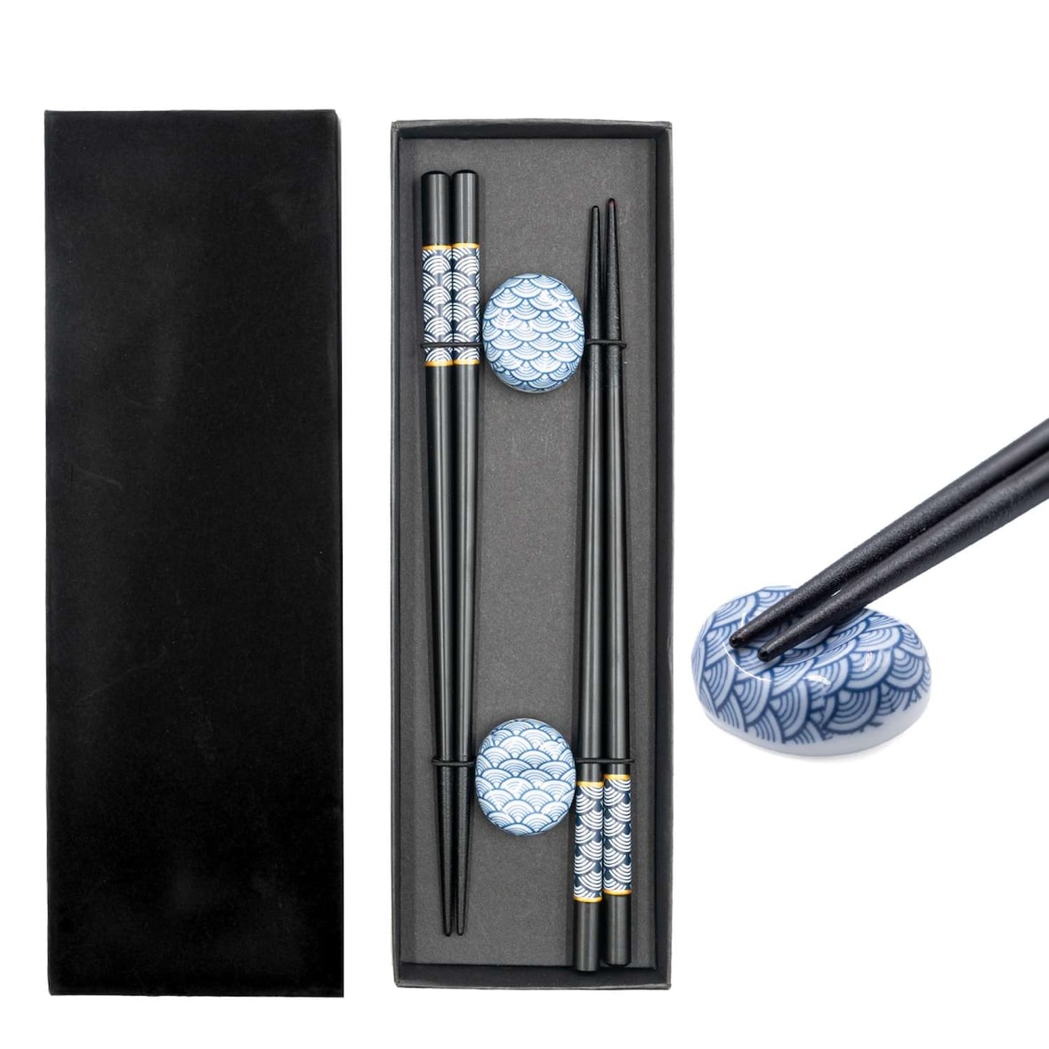 Intirilife Essstäbchen Set in Schwarz mit blauem Fächermuster - 2 Paar Stäbchen 22.7 cm Länge mit 2 Stäbchenhalter 3.5x2.8x1.4 cm - Sushi Essstäbchen