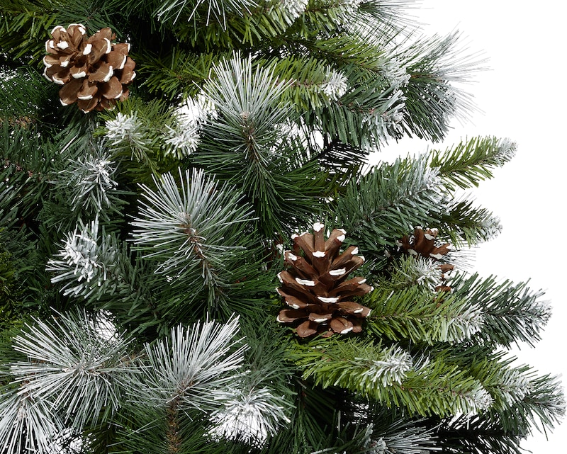 Albero di Natale verde con pigne e neve.