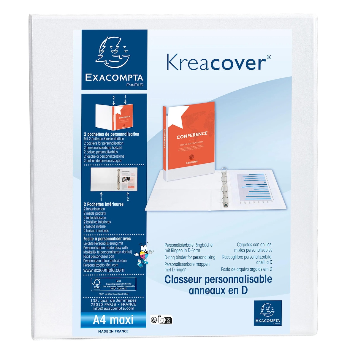 Exacompta - réf. 51843E - Carton de 10 classeurs personnalisables 3 poches - 4 anneaux 40mm - Dos 64mm -  32 x 28,5 cm - A4 Maxi - Blanc