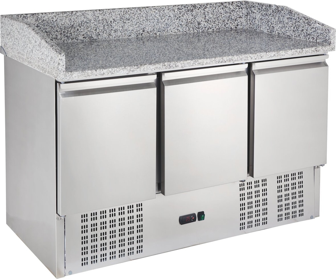 GastroHero Pizzakühltisch Mini 1400x800 mm Granitplatte 3 Türen Edelstahl Umluft +2 bis +10 °C Pizzatisch ECO