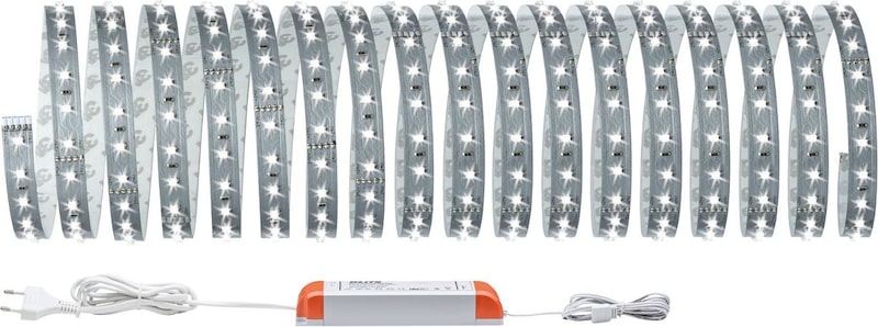 Ein weißes LED-Band mit Netzteil.