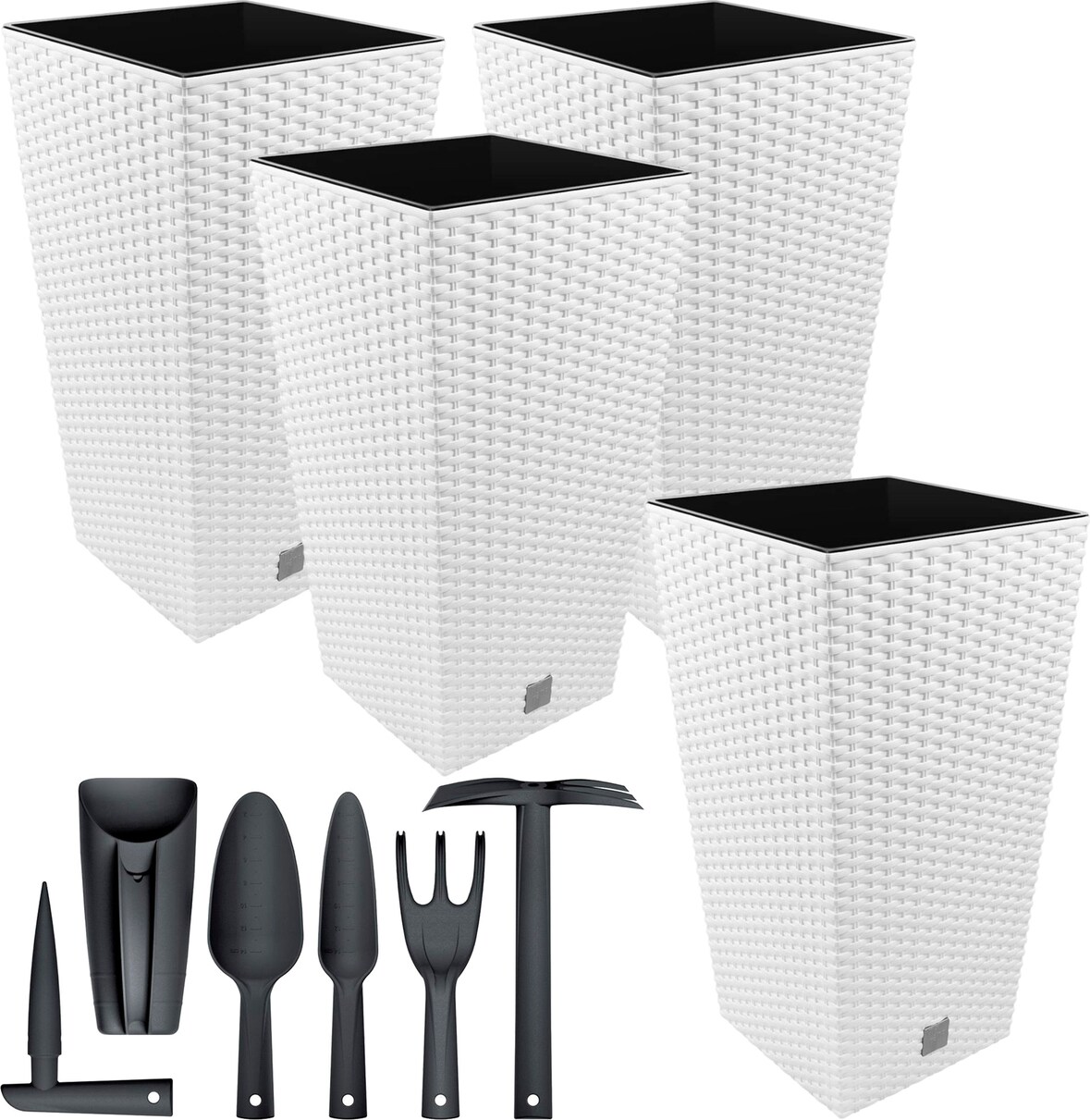 Prosperplast - Set aus 4 Blumentöpfen 7,2 L mit Einsatz 17x17x32,4 cm in Weiß mit 6-teiligem Gartengeräte-Set Rato