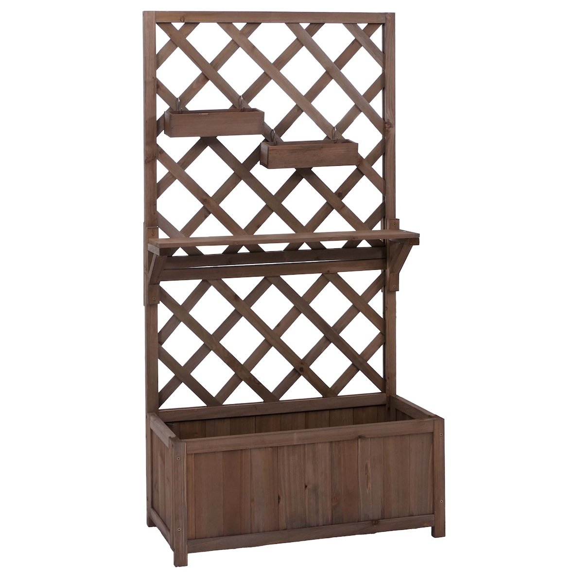 Canteiro elevado HWC-P68, plantador/caixa de flores treliça suporte treliça caixas suspensas madeira FSC® 135x70x30cm ~ castanho