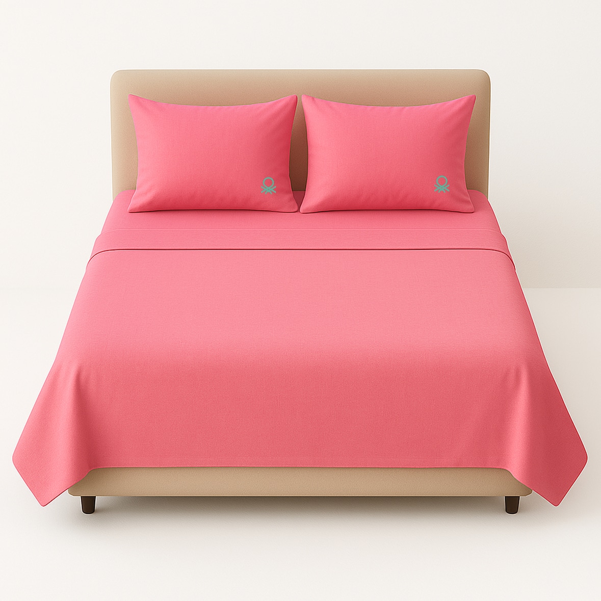 Benetton - Conjunto de cama de casal de 4 peças: lençol plano (240x280cm), lençol justo (160x200cm), 2 fronhas (50x85cm) 100% algodão rosa