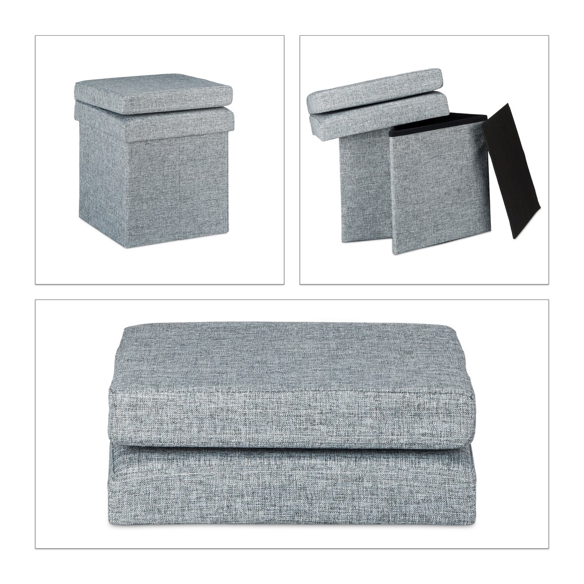 Relaxdays Sitzhocker mit Lehne, HxBxT:73x38x38cm, stabiler Sitzcube mit Fußablage, Leinen, Aufbewahrungsbox, grau