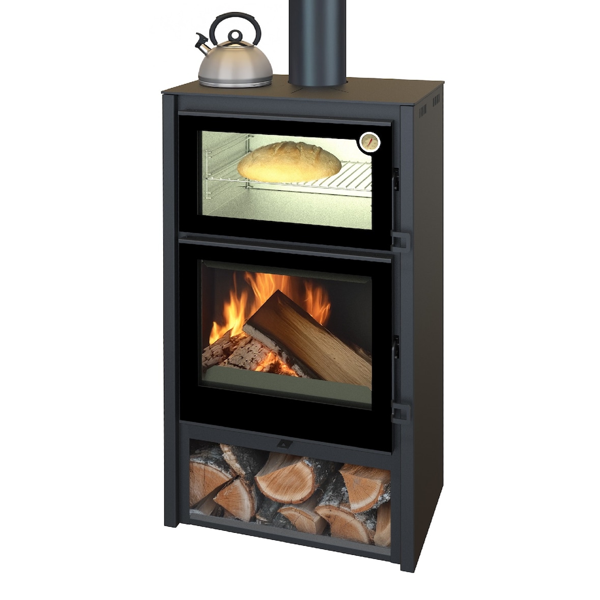 EEK A+ Kaminofen Modena LUX mit XXL-Edelstahlbackfach, schwarz - 7,4kW