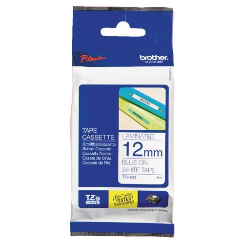 Brother TZe233 Cinta Laminada Original de Etiquetas - Texto azul sobre fondo blanco - Ancho 12mm x 8 metros