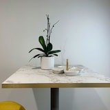 thumbnail of Restootab - Mesa Roma dourada 70x70cm - mármore olympo - rebordos em latão