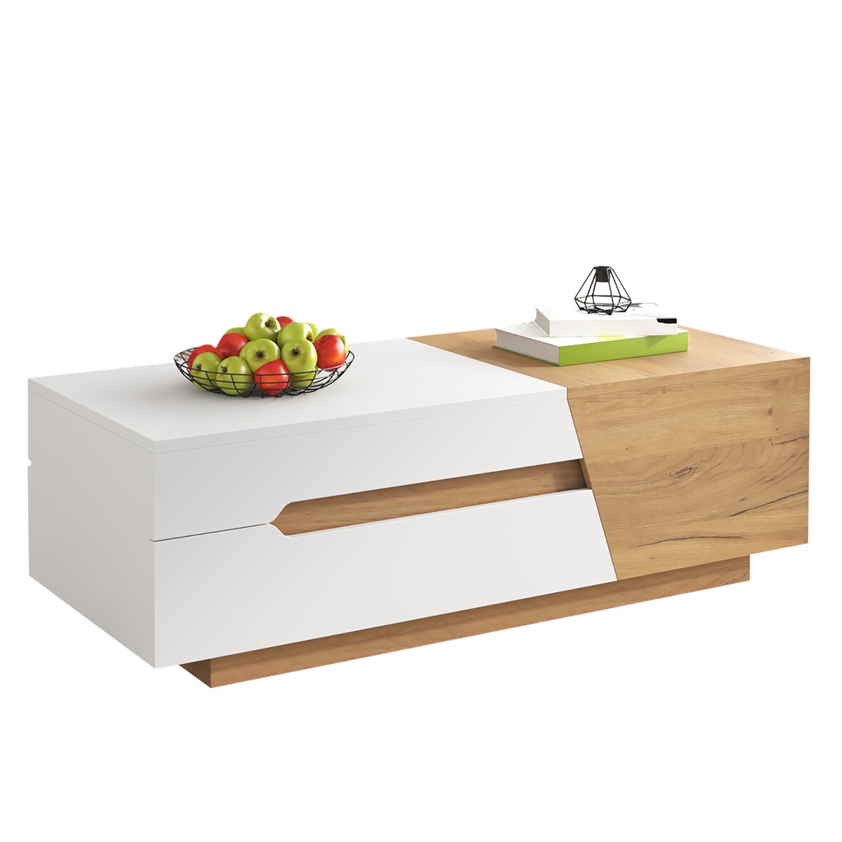 Moderner Couchtisch 120x50x37 cm, Schiebemechanismus, Stauraum, Schubladen, MDF, Weiß + Holzfarbe, Wohnzimmer Tisch