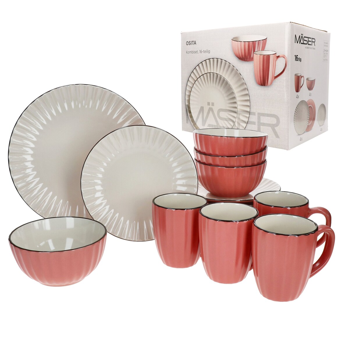 OSITA Rose Weiß 16tlg Kombiservice Steingut 4 Personen Becher Schalen Teller Relief