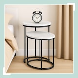 thumbnail of Relaxdays Satztisch, 2er Set, Beistelltisch rund & oval, Marmoroptik, Metallbeine, Wohnzimmer, Couchtisch, weiß/schwarz