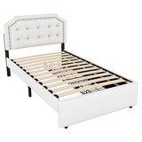 thumbnail of Polsterbett 90x200 mit Stauraum, Bettgestell mit zwei Schubladen, verstellbarer Nachttisch, gepolstertes Einzelbett mit Leinenbezug Hellbeige