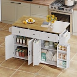 thumbnail of Kücheninsel Weiß-Natur 140x70x91 cm mit klappbarer Arbeitsplatte, 4 Türen, 3 Schubladen, Handtuchhaltern und 360-Grad-feststellbaren Rollen