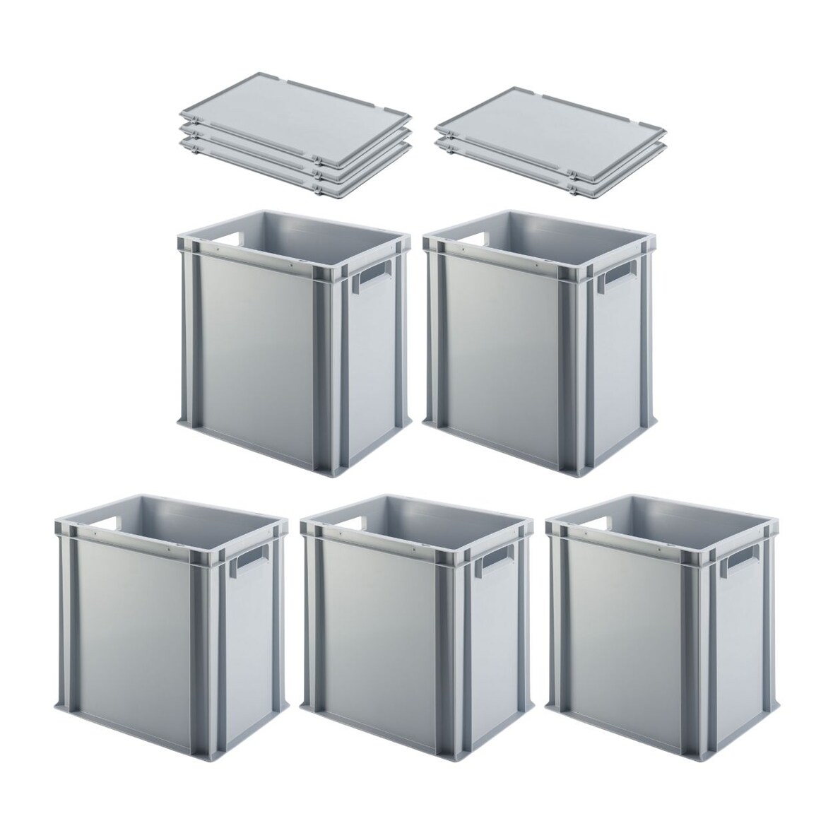 PROREGAL 5x Eurobehälter mit offenem Griff und Scharnierdeckel | HxBxT 40x30x40cm | 37 Liter | Grau | Eurobox