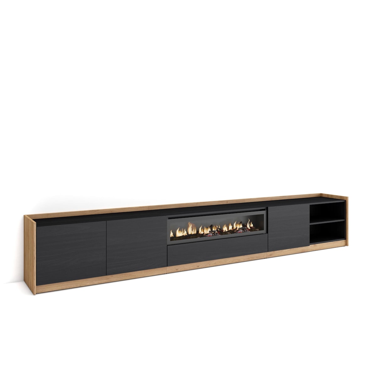 TV-Meubel, Lowboard, Woonkamer, Eetkamer, 310x50x37 cm, Voor tv's tot 80", Elektrische haard, Moderne stijl, Zwart/Eiken