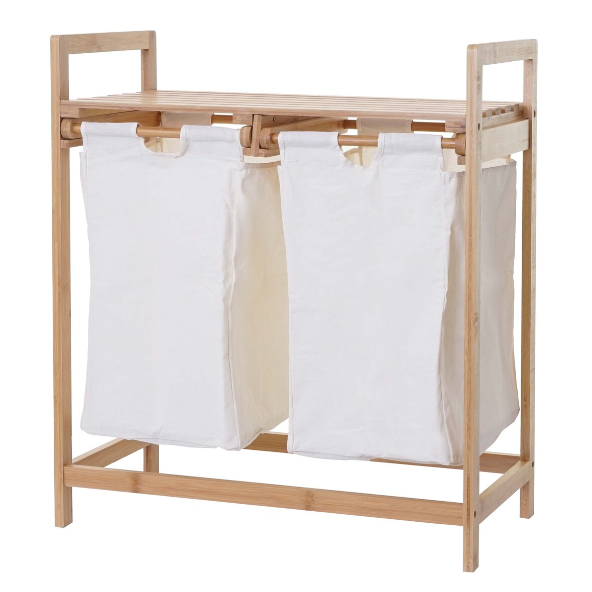 Cesto para roupa suja HWC-B83, Cesto para roupa suja Cesto para roupa suja, bambu 2 compartimentos 74x64x33cm 70l ~ branco