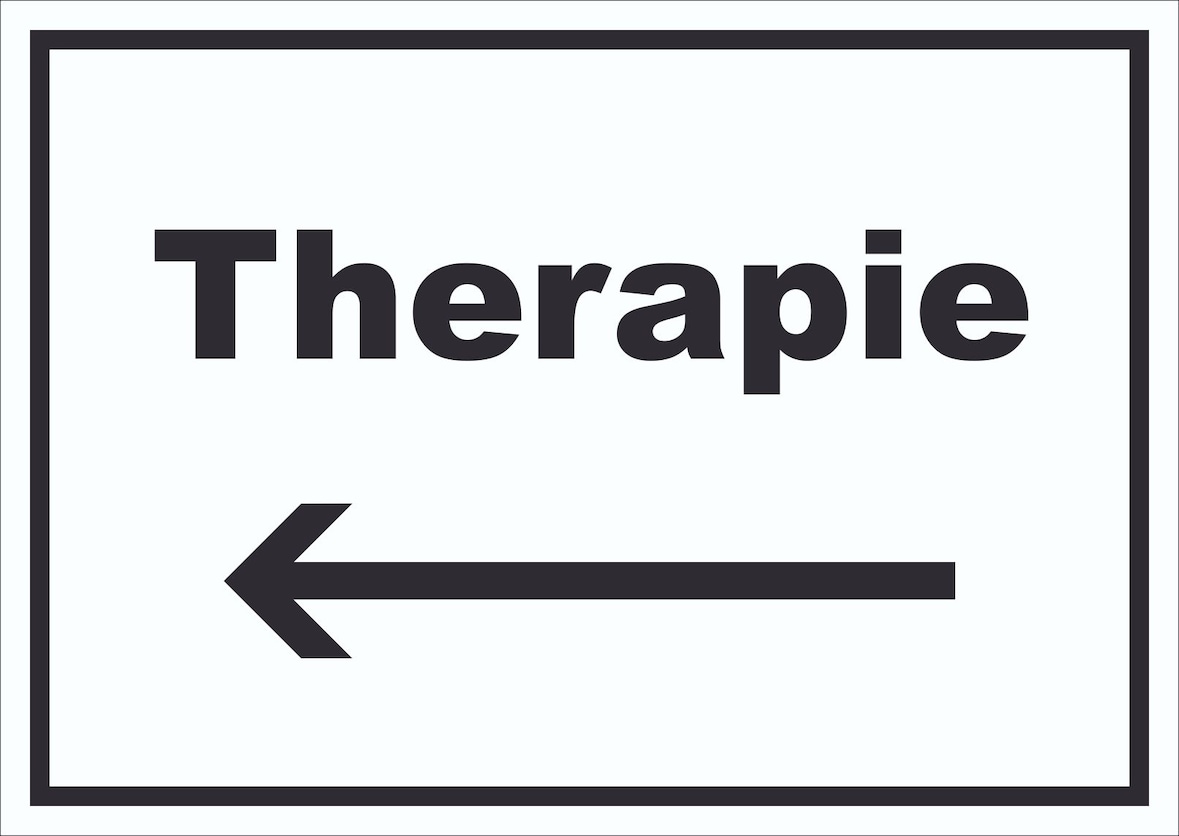 Therapie Schild mit Text und Richtungspfeil links Raum Behandlung waagerecht A6 Rückseite selbstklebend