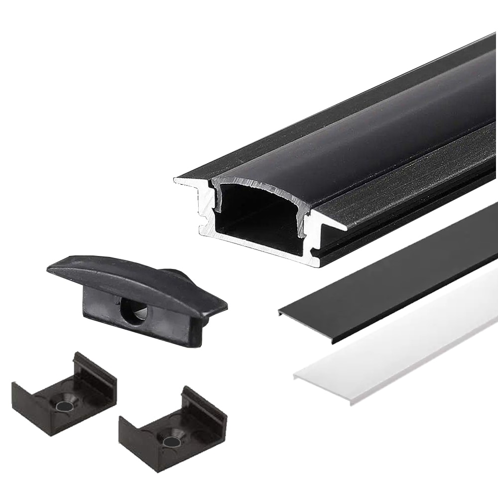 2m LED Aluprofil Alu Schiene T Profil Kanal System für LED-Streifen inkl. Schwarzer Abdeckung Profil D-S
