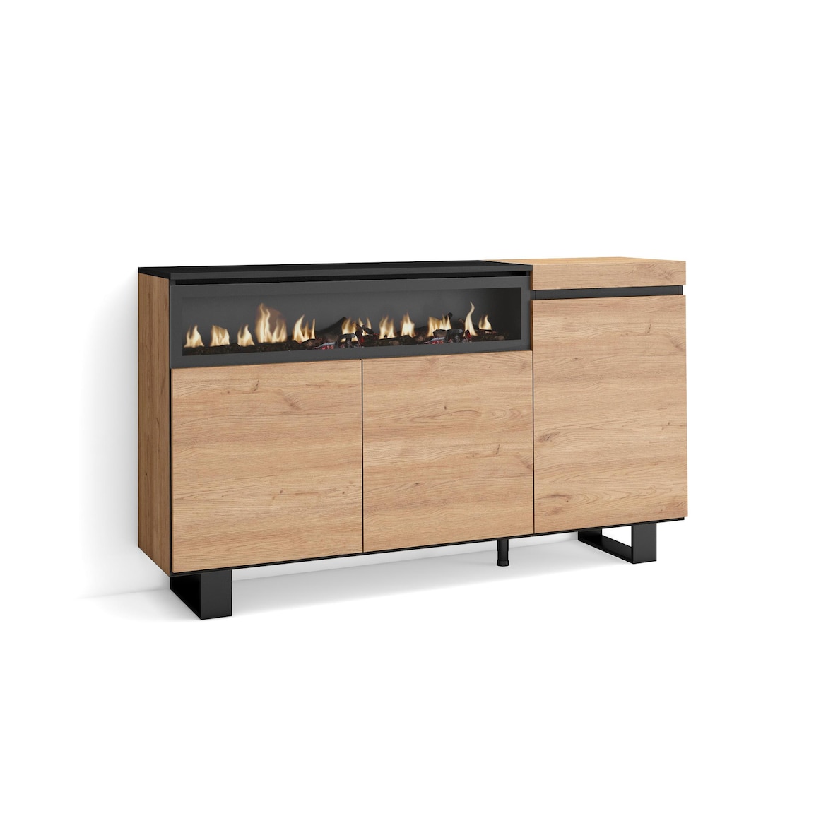 Credenza, Mobile, Cucina, Madia, mobile ingresso, 150x35x87cm, 3 Porte, Camino elettrico, Design industriale, Stile moderno, Rovere e nero _ 69_4