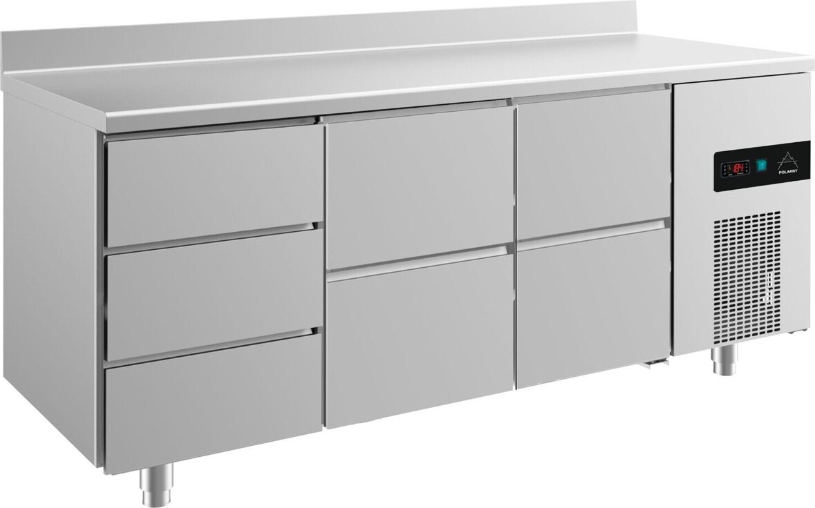 Gastro Kühltisch 2 Schubladen mittig&rechts 3 Schubladen links Umluftkühlung Aufkantung, 1865x700x850mm -2/+8°C 474L