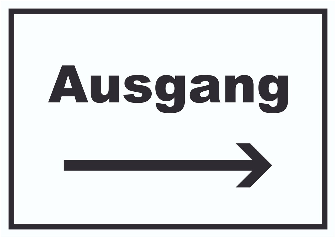 Ausgang Schild mit Text und Richtungspfeil rechts Exit Schluss waagerecht A4 Rückseite selbstklebend