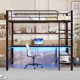 thumbnail of Hochbett 140x200 mit Geländer, Trittleiter, Schreibtisch, Regalen, LED-Beleuchtung, USB und Steckdose, Metallrahmen, funktionales Loftbett Schwarz