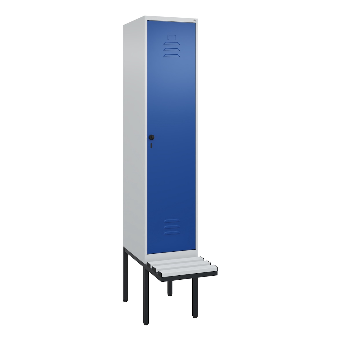 C+P Spind Classic PLUS, Kunststoff schwebende Sitzbank, 1 Abteil, HxBxT 212x40x82cm, Sicherheitsdrehriegel, Hellgrau/Enzianblau von PROREGAL
