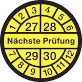 thumbnail of Prüfplakette ab 27, Nächste Prüfung, schwarz/gelb, Dokumentenfolie, Ø 12,5/30 mm - Bogen = 10 Plaketten - 13 mm Dokumentenfolie selbstklebend